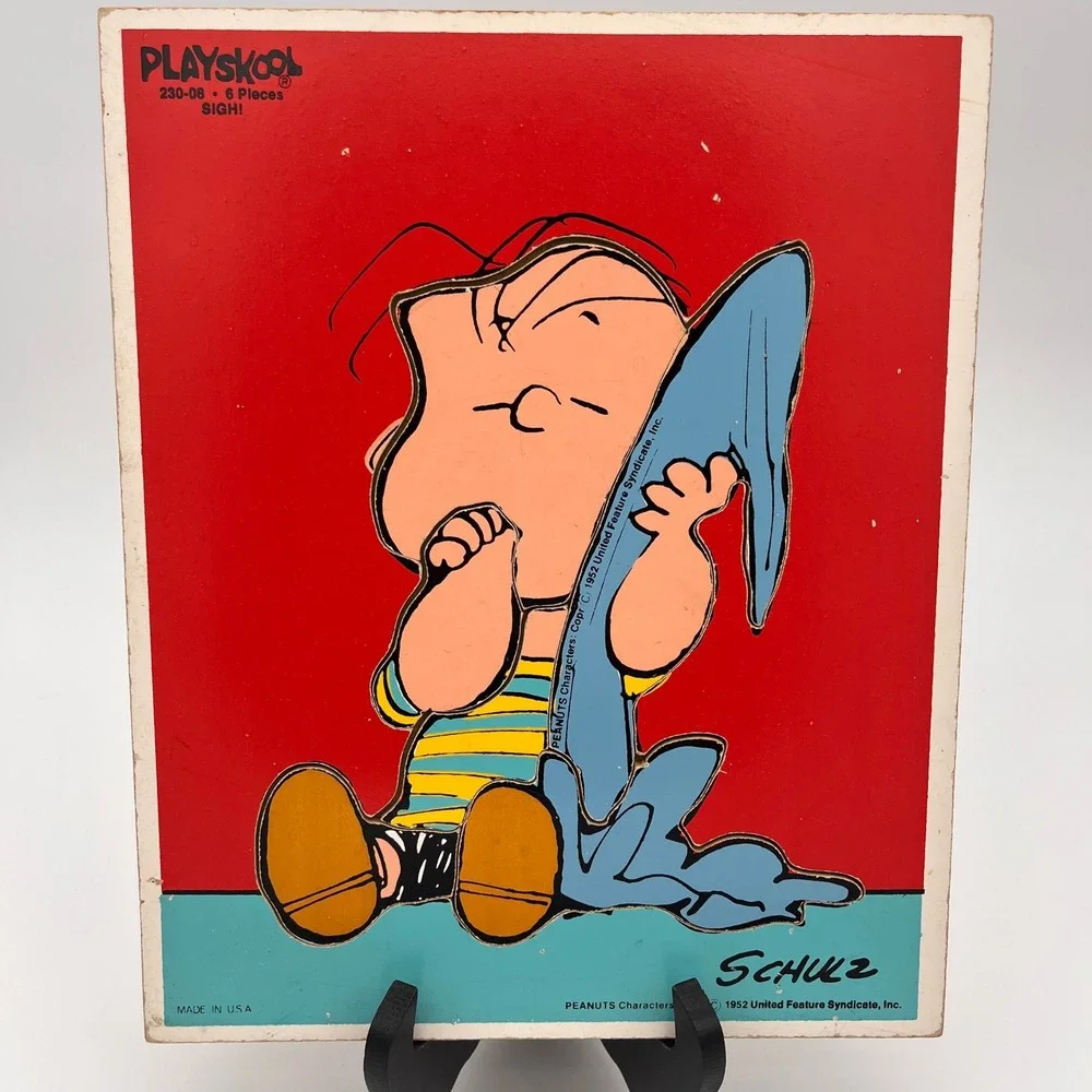 Vintage Playskool Peanuts Linus Wood Inlay Puzzle 6 Piece 230-08 Schulz Red Tray